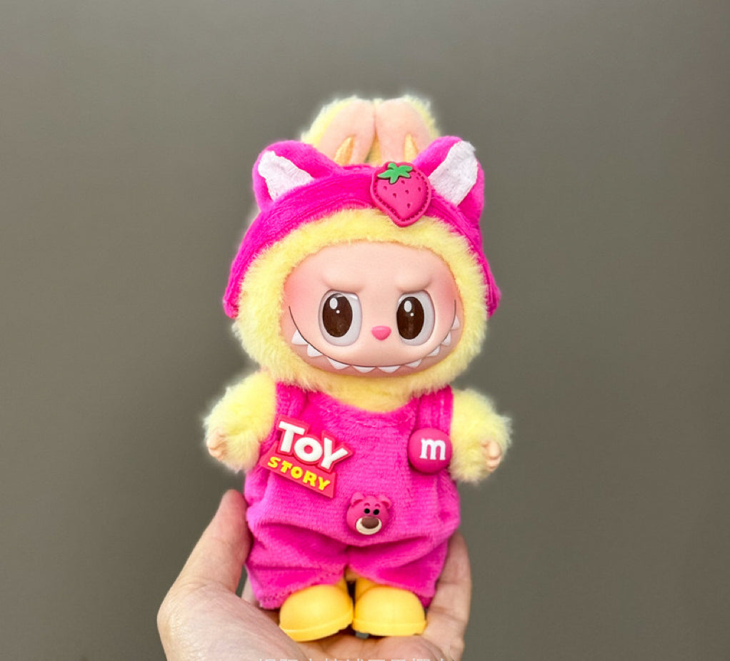 Labubu Clothing – Hot Pink Corduroy Overalls & Strawberry-Ears Hood